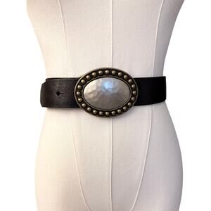 Fossil Wide Dark Leather Belt with Brushed Silver Gold Detail Belt Sm Slider